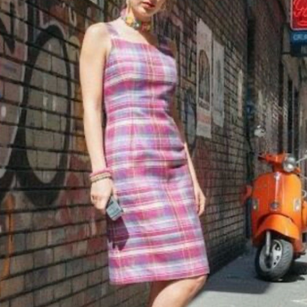 Vintage Silk Lauren Ralph Lauren Sleeveless Plaid Dress - Pink and White 6